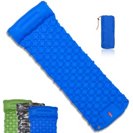 JUNART Camping Sleeping Pad, Inflatable Air Mattress with Pillow Built-in Pump, Ultralight Portable Waterproof Camping Accessories (Blue)