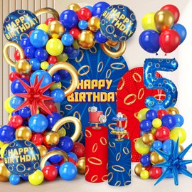 155 Pcs Blue Gold Ring Birthday Party Decorations, Include Solid Color Balloons Arch, Round Happy Birthday Foil Balloons, Number 5 Balloons for Boys Girls Kids 5th Birthday Supplies (5th)