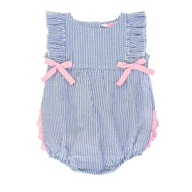 RuffleButts Mameluco de una pieza sin mangas con volantes para bebés y niñas pequeñas, Azul / Patchwork, 12-18 Meses