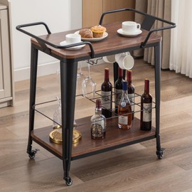 FERFALDER Rolling Bar Cart with Cabinet and Wheels for The Home - Industrial Serving Cart with Wheels 2 Tier Rolling Liquor Cart Wine Rack for Kitchen Dining Living Room