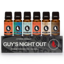 Eternal Essence Oils Guy's Night Out Set of 6 Premium Fragrance Oils - Includes Including Happy Men, Blue Sage, White Sand, Warm Rustic Woods, Musk, and White Musk Scented Oils - 10ML