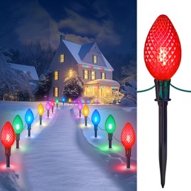 Minetom Double C9 Christmas Pathway Lights Outdoor - 13.5Ft 10 LED with 10 Marker Stakes for Walkway, Waterproof Plug in C9 Strawberry Christmas Lights for Driveway Lawn Decorations