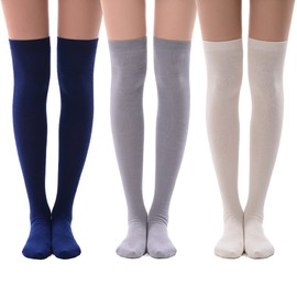 MEIKAN Opaque Navy Grey White Thigh High Socks, Cosplay Women's Girls' Knee High Socks for Costume Play 3 Pairs (Navy Blue,White,Light Grey)