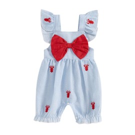 FYBITBO Baby Girl Crawfish Outfit Fly Sleeve Crawfish Romper Bowknot Jumpsuit One Piece Summer Clothes Newborn Infant (Blue crayfish, 3-6 Months)