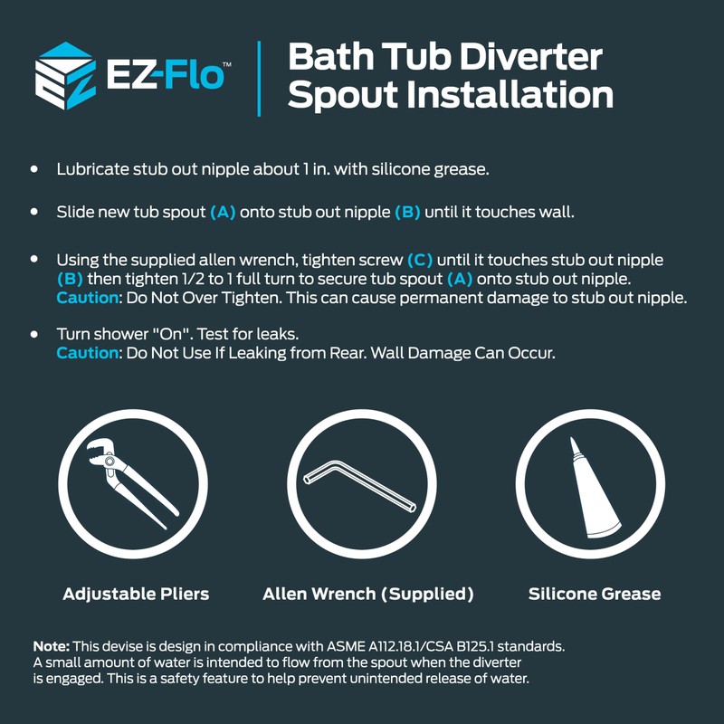 EZ-FLO 5-3/8 Inch Slide-On Zinc Bath Tub Diverter Spout with
