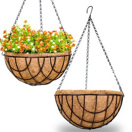 DOKIMIYA Metal Hanging Planter Baskets with Coconut Liner Outdoor 12 Inch Indoor Round Wire Flower Pot Plant Holder Chain Hanger Watering Basket for Garden Decoration, 2 Pack