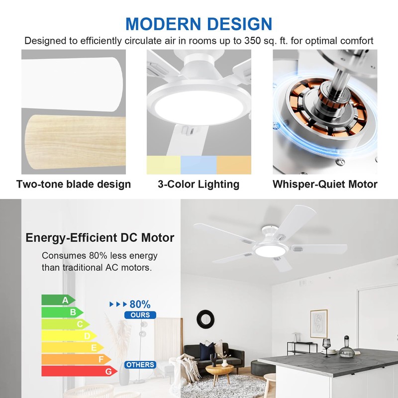 TCL Ceiling Fans with Lights, 52 Inch Low Profile Ceiling
