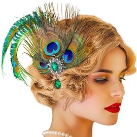 Evlry Evlry 1920s Flapper Hair Clip Headpiece Peacock Feather Green Rhinestone Great Gatsby Costume Hair Accessories for Women