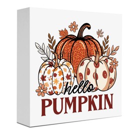 Hello Pumpkin Fall Autumn Wood Sign for Home Living Room Harvest Day Desk Tabletop Bookshelf Decor