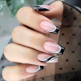 Short Press on Nails Coffin Black White French Tip Fake Nails Press ons Black and White Lines Silver Glitter Glue on Nails Light Pink Full Cover Acrylic Nails Artificial Stick on Nails for Women 24Pcs