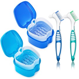 EZEELAI Denture Cups for Soaking Dentures, Partial Denture Holder Case Retainer Mouthguard Cleaning Box Case with 2 Small Brushes - Blue and Dark Blue