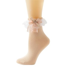 Gellwhu Lace Ruffle Frilly Ankle Socks for Women With Bow - Cute Kawaii Lolita Style (US, Alpha, 4, 9, Kakhi 1 Pair)