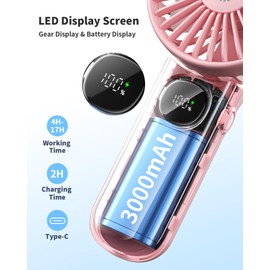 Handheld Fan, Foldable Portable Fan with LED Display, 3000mAh Battery Operated Mini Hand Held Fan, Handheld/Neck/Desk 3 in 1 Personal Small Fan for Eyelash Makeup Travel Beach Outdoor Pink