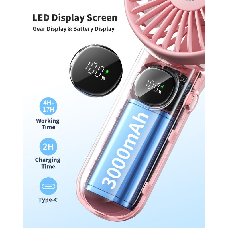 Handheld Fan, Foldable Portable Fan with LED Display, 3000mAh Battery