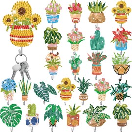 Landical 25 Pcs Floral Diamond Painting Kits for Adults Spring Plants DIY Diamond Art Painting Adhesive Hook Sunflowers Key Holder Rhinestone Dot Gem Art Kits for Towel Hat Kitchen Decoration
