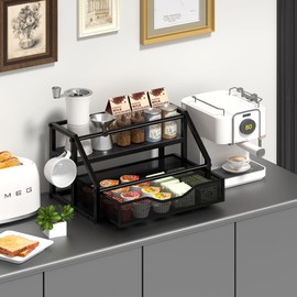 Homedawn Coffee Syrup Rack Organizer, Syrup Bottle Holder Stand for Coffee Bar, 2-Tier 8 Bottles Storage Shelves for Syrup, Wine, Dressing for Kitchen Countertop, Black