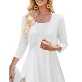 Tralilbee Women's 3/4 Sleeve Cropped Cardigan Bolero Shrug Open Front Lightweight Knit Sweater for Dresses, White, L