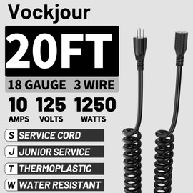 Vockjour 18AWG 20ft Black Coiled Extension Cord, 3 Prong Flexible Spiral Power Cord for Standing Desk, Garage, Workshop, Electric Tools (Circular Saw, Drill), Lift, 10A/125V/1250W, ETL Listed