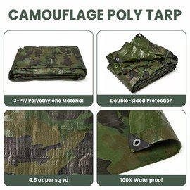 Tarps Now 12x12 ft Heavy Duty Camo Tarpaulin – 8 MIL Waterproof Camouflage Plastic Tarps with Aluminum Grommets, Reinforced Edges & Tear Resistant Cover for Camping, Roofing, Construction, Outdoor Use
