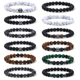 SAMOCO 12Pcs Tiger Eye Bracelets For Men Natural Stone 8mm Beads Bracelets Set Stretch Adjustable Lava Rock Black Crystal Beaded Bracelet for Men Women Gifts