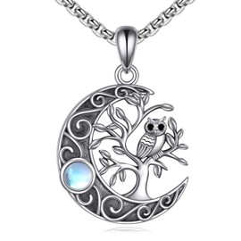 URONE Owl Necklace 925 Sterling Silver Owl Tree of Life Moon Pendant Necklace Owl Jewellery for Women Men