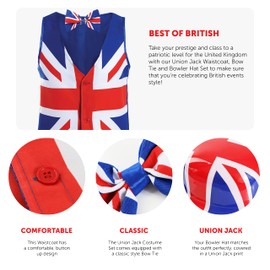 Adults Union Jack Costume - Large - Union Jack Waistcoat + Union Jack Bowtie and Union Jack Bowler Hat - King's Fancy Dress Costume VE DAY COMMONWEALTH