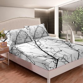 Feelyou Tree Branches Fitted Sheet Tree Pattern Printed Bed Sheet Set Botanical Decor Bedding Set for Kids Teens Adults Soft Bed Cover Black White Room Decor Twin Size