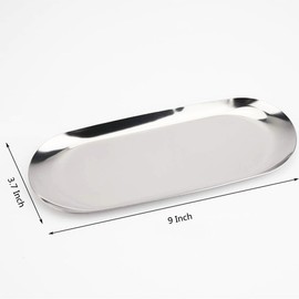 2 Pcs Silver Trinket Tray Oval Stainless Steel Small Serving Trays Towel Storage Dish Plate Tea Fruit Trays Jewelry Plate Decorative Storage Tray (Silver, 9'')