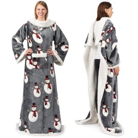 PAVILIA Sherpa Fleece Blanket with Sleeves Women Men Adult, Wearable Blanket Warm Soft Plush Thick, Snuggle Pocket Sleeved TV Throw Wrap, Cozy Ideas Mom Wife, Snowman Gray