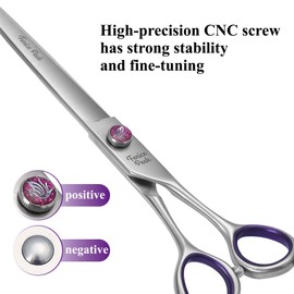 Fenice Peak 7'' Straight Dog Grooming Scissors with Purple Finger Rings and Flashing Screw Professional 440C Stainless Steel Natural Color Pet Trimming Shears with Offset Handle Durable and Sharp