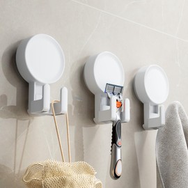 RIVAMBER 3-Pack Suction Cup Hooks, Razor Holder for Shower, Waterproof Hook for Hanging Towel Loofah Bathroom Kitchen, Heavy Duty White Hanger for Tile Mirror Glass Door