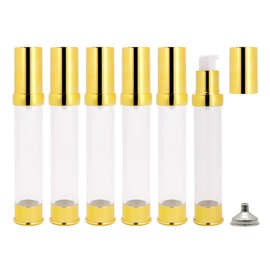 6Pcs 1oz 30ml Clear Airless Pump Bottles with Funnel, Refillable Travel Size Vacuum Moisturizer Dispenser Cosmetic Containers for Foundations, Cream, Serums, Shampoo, Lotion(Gold)