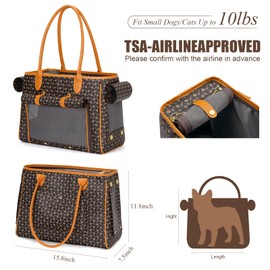 Minsong Fashion Pet Carrier Purse for Small Cat and Dog, Luxury Pu Soft-Sided Tote Bag with Large Pockets for Dogs and Puppies (Coffee, 15.8" L x 7.5" W x 11.8" H)