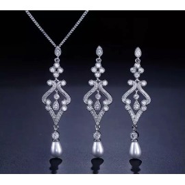 ZARD Chandelier Drop Earrings and Necklace Set with Pearl and CZ Accents