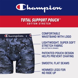 Champion Men's Underwear Boxer Briefs, Total Support Pouch, Cotton Stretch, 3-Pack, Blue Graphic Print/Scarlet/Oxford Grey Heather-3 Pack, Large