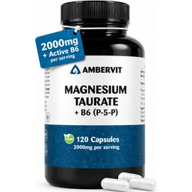 Magnesium Taurate with Vitamin B6 P-5-P – 120 Vegan Capsules – 2000mg Taurate, 160mg Elemental Magnesium – High Strength Taurine-Bound Formula – 30 Days Supply – Made in EU – Ambervit
