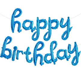 TONIFUL Blue Happy Birthday Balloons Banner,Cursive Happy Birthday Balloons Blue Birthday Decorations Blue Mylar Foil Birthday Balloons for Kids and Adults