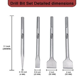 Regiis Tech 4 pcs SDS MAX 11 inch Chisel Set, Masonry Concrete Drill Bit Set, Tile Removal Chisel Bits for Rotary Hammer with Point Flat Tile Scraping Chisels
