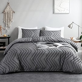 WARMDERN Boho Duvet Cover Set, Tufted Bedding Duvet Covers Soft Washed Microfiber Duvet Cover Twin Size, 2 Pieces Embroidery Shabby Chic Duvet Cover with Zipper Closure(Grey, Twin)