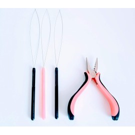 Hair Extension Pliers and Pulling Loop Tool Full Set Tools for Micro and Nano Extensions Rings Beads Black & Pink