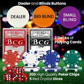 SereneLife Poker Chip Set for Texas Holdem, Blackjack Gambling- 11.5 Gram Casino Chips Set W/Aluminum Case, Playing Cards, Button, Dice- 200 PCS (Silver)