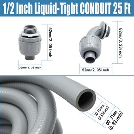 QSHFTO 1/2 Inch Liquid-Tight Conduit and Connector Kit - 25 FT Non-Metallic Electrical Conduit with 5 Pcs 180° Straight and 5 Pcs 90° Angle Fittings