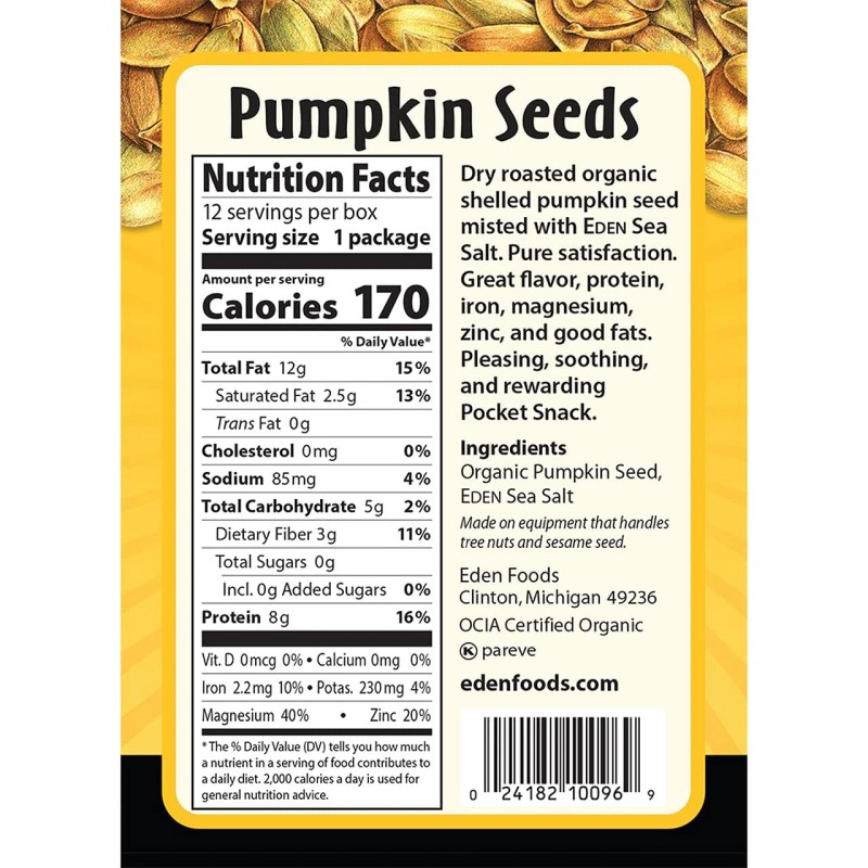 Eden Organic Pumpkin Seeds Dry Roasted and Salted, 1 oz
