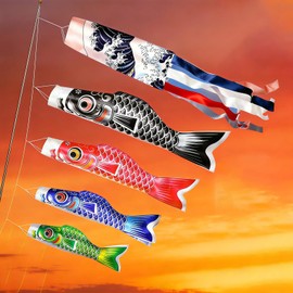 Koinobori Carp Streamer, 4.9 ft (1.4 m), Black Carp, 3.3 ft (1 m), Red Scarlet Carp, 2.2 ft (0.7 m), Blue Carp, 2.6 ft (0.6 m), Green Carp, 6.6 ft (0.55 m) with Extendable Flag Pole, For Veranda, Mini