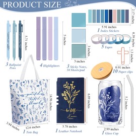 Singhoow 29 Pcs Bible Journaling Kit 16 oz Glass Cup Canvas Bag Leather Notebook Highlighters and Pens Sticky Notes Tapes Paper Clips Bible Study Supplies Easter Gift for Women(Boho,Blue)