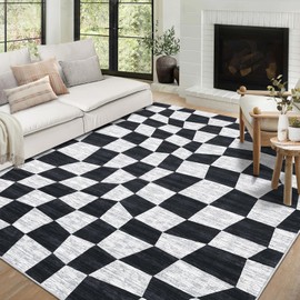 LUXLOOM Washable Area Rugs 9x12 Rug for Living Room Checkered Modern Bedroom Rug Geometric Black Rug Large Area Rug Non Slip Throw Rugs Low Pile Stain Resistant Carpet for Dining Room 9'x12' Black