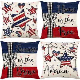 Ni-JASW Patriotic 4th of July Throw Pillow Covers 18 in x 18 in, Independence Day Buffalo Plaid Red Blue White Stars Cushion Case for Sofa Couch