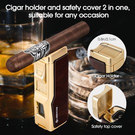 USEWIRE Cigar Lighter and Ashtray Set, Quad Windproof Jet Flame, with Cigar Holder and Cigar Punch, Refillable Butane Gas Lighter, Multifunctional Cigar Accessories Gift Set