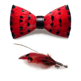 RBOCOTT Red Leather Feather Handmade Pre-tied Bow tie and Brooch Sets for Men(10)