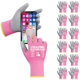 DULFINE Work Gloves for Men PU Coated 12 Pairs Bulk Pack,Pink Seamless Knit Glove with thin Polyurethane,Two Finger Touchscreen, for Men and Women, Ideal for Light Duty Work. (Medium)
